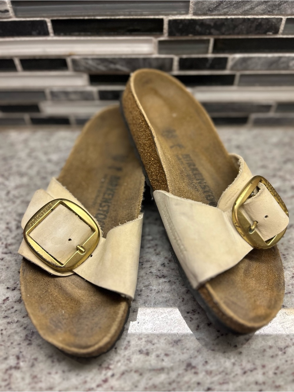Birkenstock womens big buckle madrid Slide Sandals with Gold Buckle - size 5(36)